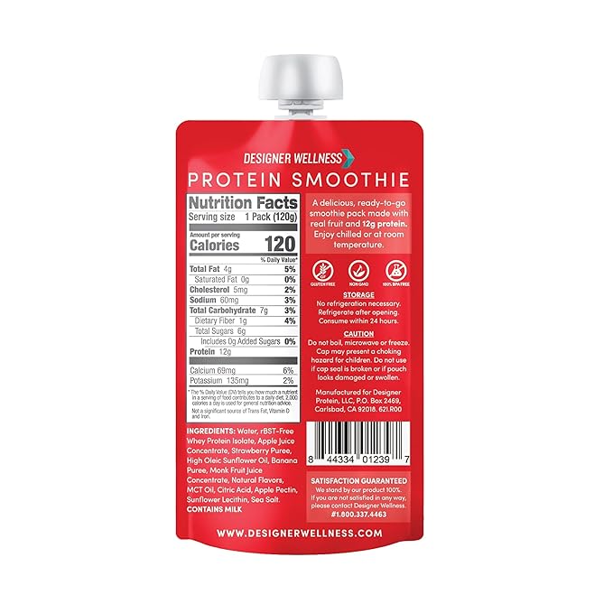 Designer Wellness Protein Smoothie, Real Fruit, 12g Protein, Low Carb, Zero Added Sugar, Gluten-Free, Non-GMO, No Artificial Colors or Flavors, Strawberry Banana, 24 Count