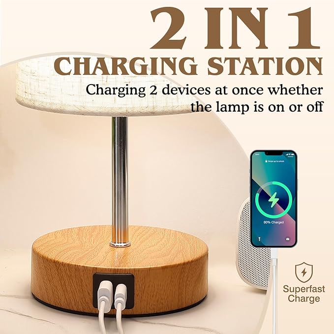 Bedside Table Lamp for Bedroom - 4 Way Dimmable Touch With USB and Type-C Charge Port, Small Wood Base Round Flaxen Fabric Shade for Living Room (Yellow Color Base)