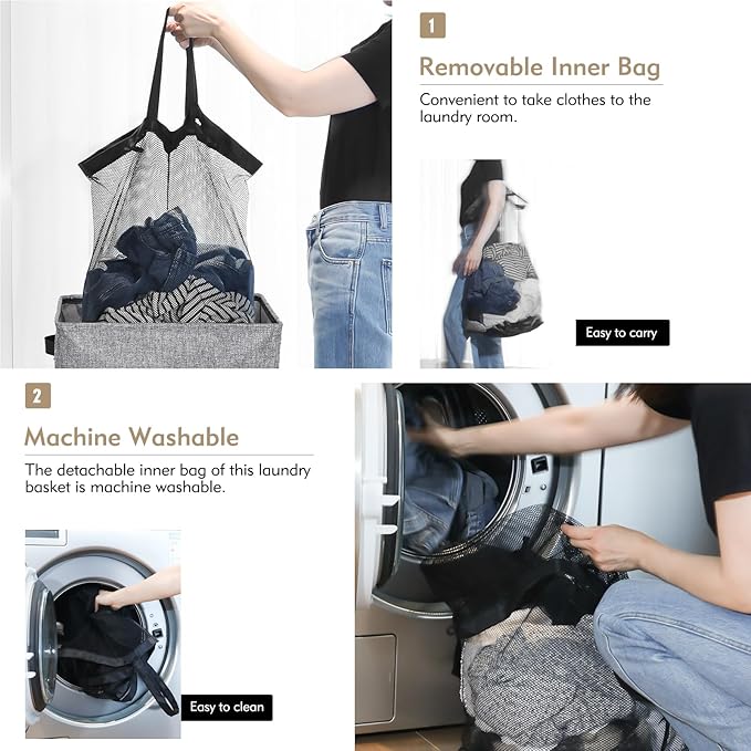 DOKEHOM 100L Laundry Basket with Lid and Removable Laundry Bags, Large Collapsible Laundry Hamper for Bedroom, Bathroom, Laundry Room, Colloge (Grey)