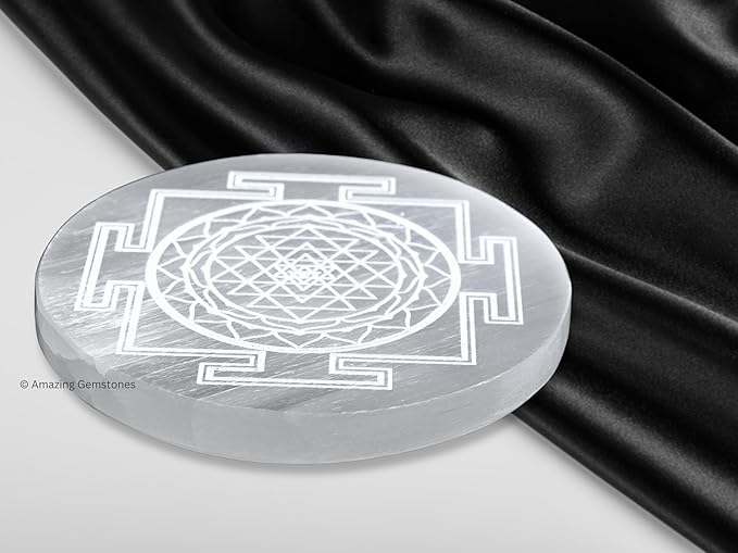 Amazing Gemstone Selenite Crystal Charging Plate For Crystals And Healing Stones, 3" Selenite Crystal Plate Engraved Sri Yantra Coaster For Home, Office Table Decor (Selenite Round Disc)