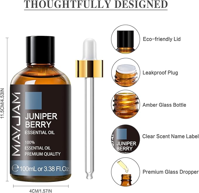 Juniper Berry Essential Oil, MAYJAM Pure Juniper Berry Oil Juniper Oil for Diffusers, Soap Candle Making, 3.38FL.OZ/100ML Essential Oils with Premium Glass Dropper