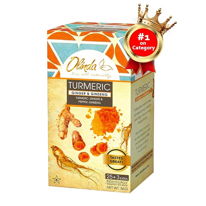 Olinda Turmeric Herbal Tea Ginger Ginseng Tea Organic Tea Bags Caffeine Free Antioxidant Rich Tea Bags 100% Pure Herbs Brew Hot 28 Tea Bags Pack of 1