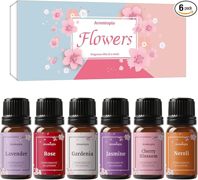Floral Fragrance Oils, Aromtopia Flowers Essential Oils for Diffusers for Home, 6x10ml, Fragrance Oil for Candle Soap Making, Lavender, Rose, Gardenia, Cherry Blossom, Jasmine, Neroli