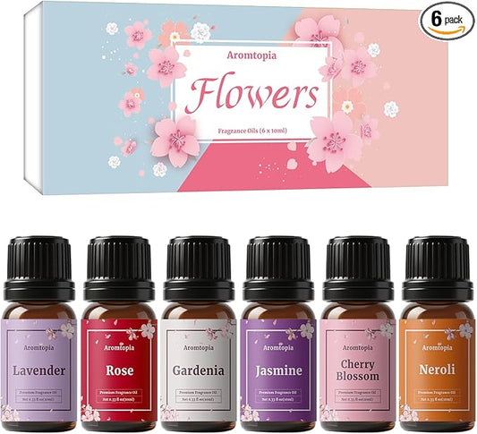 Floral Fragrance Oils, Aromtopia Flowers Essential Oils for Diffusers for Home, 6x10ml, Fragrance Oil for Candle Soap Making, Lavender, Rose, Gardenia, Cherry Blossom, Jasmine, Neroli