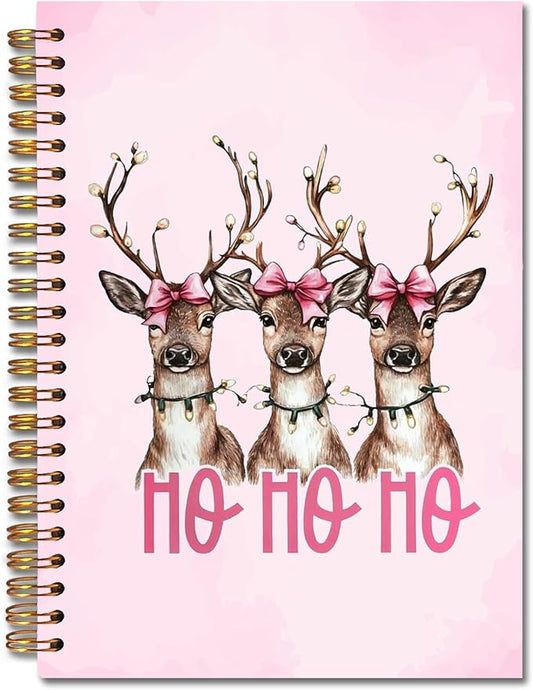Exqcom Pink Christmas Reindeer Spiral Notebook Gifts, Coquette Pink Bow Deer Animal Journal for Women, Hohoho Xmas Winter Holiday Hardcover Notebook Journal Office School Supplies, 5.5x8.3 Inch