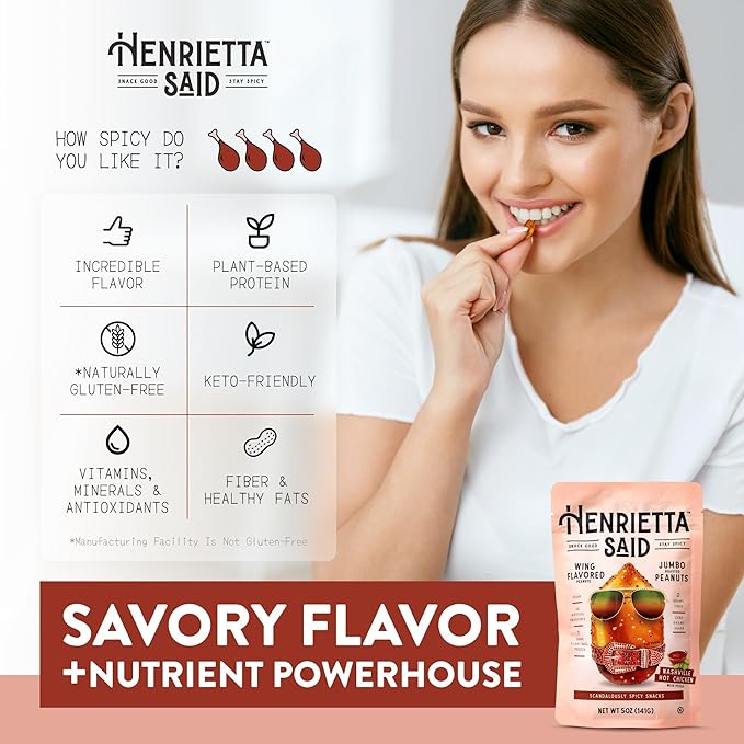 Henrietta Said Wing-Flavored Peanuts - Truly Good Foods Snacking Nuts - Bold Flavors - Savory & Spicy Jumbo Flavored Peanuts - Vegan Snack - 4 (5-oz) Packs - Nashville Hot Chicken With Pickle