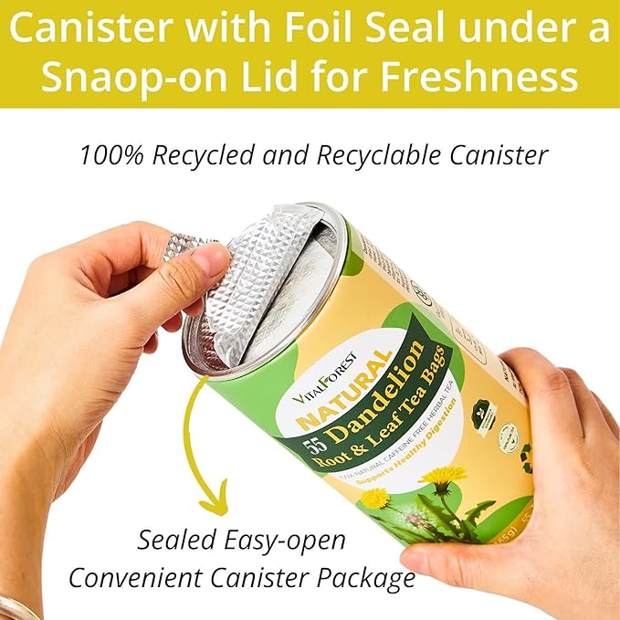 55 Dandelion Tea Bags, 3g/Bags 5.82oz, VitalForest Natural Dandelion Leaf and Root Tea, Dried Dandelion Root Tea Leaves, Caffeine Free, Health Herb Diente De Leon, Eco-Conscious Corn Fiber Tea Bags