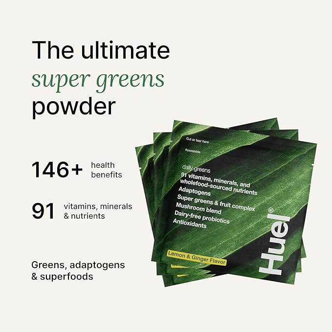 Huel Daily Greens Single Serve Lemon and Ginger | Superfood Greens Powder | 91 Vitamins, Minerals, and Wholefood-Sourced Ingredients | Adaptogens, Antioxidants, Gut-Friendly Probiotics | 12 Pack