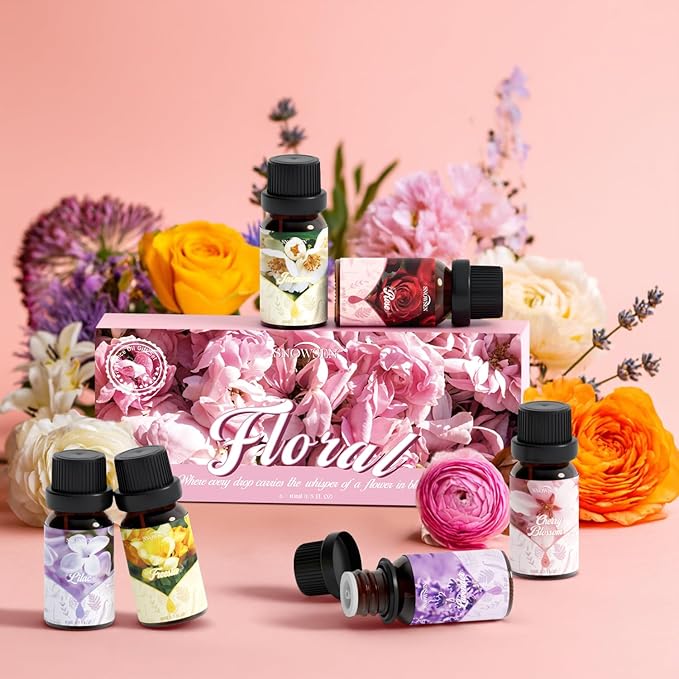 Floral Essential Oil Set, Premium Essential Oils for Diffusers for Home, Includes Lilac, Freesia, Jasmine, Cherry Blossom, Rose and Lavender Candle Scents for Candle Making, DIY Soaps,Cleaning