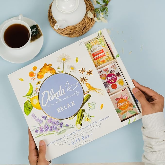 Olinda Relax Tea Sampler Herbal Gift Box 45 Count Assorted Organic Wellness Tea Set 9 Calming Herbal Tea Bags Thoughtful Variety Pack for Stress Relief & Sleep Caffeine Free Birthday Gift for Women