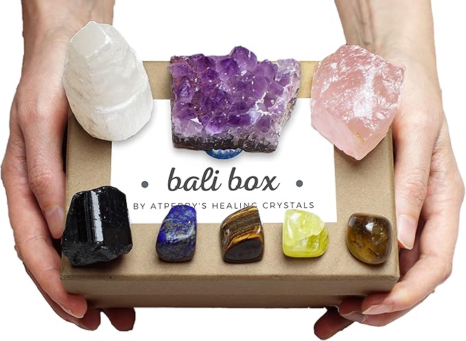 AtPerry's Bali Box - Healing Crystals Set - 8 Natural Chakra Crystals Tumbled & Raw Including Selenite, Amethyst, Lapiz Lazuli & Black Tourmaline