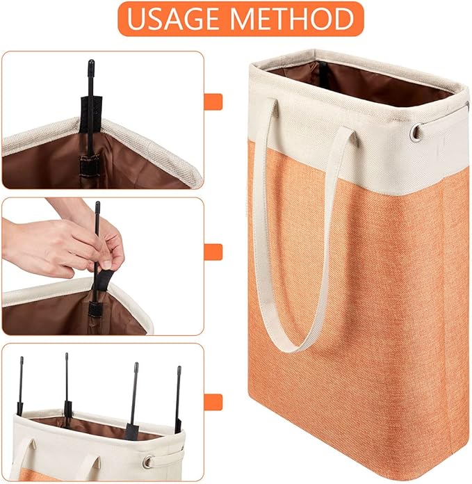 i BKGOO Laundry Basket with Handles Beige&Orange Slim Laundry Bin Collapsible Dirty Clothes Basket Narrow Laundry Bag Foldable Dirty Hamper for Camping, Dorms, Apartments