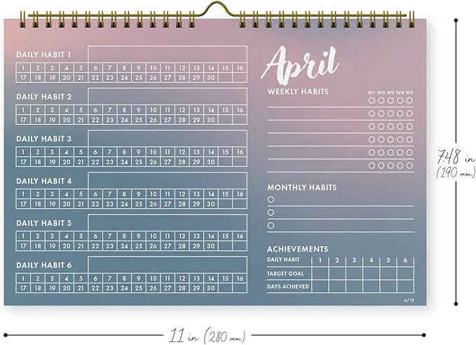 12-Month Habit Tracker Calendar – Gradient Table Wall Planner for Goals & Productivity, Daily/Weekly/Monthly Tracking, Wire-O Hanger, Thick 200 gsm Paper, Year-Neutral Months