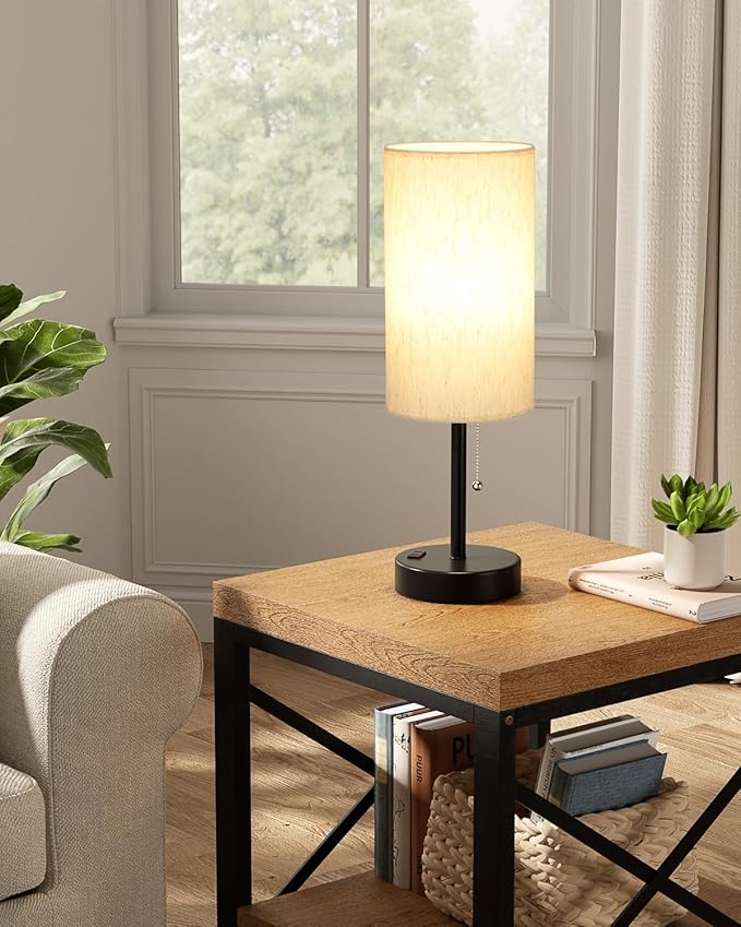 Fenmzee Plus Bedside Table Lamps Set of 2-3 Color Temperatures Pull Chain Lamp with AC Outlet Charging Port, Round Night Stand Lamps for Bedroom Guest Room Office, Bed Side Light with E26 LED Bulbs