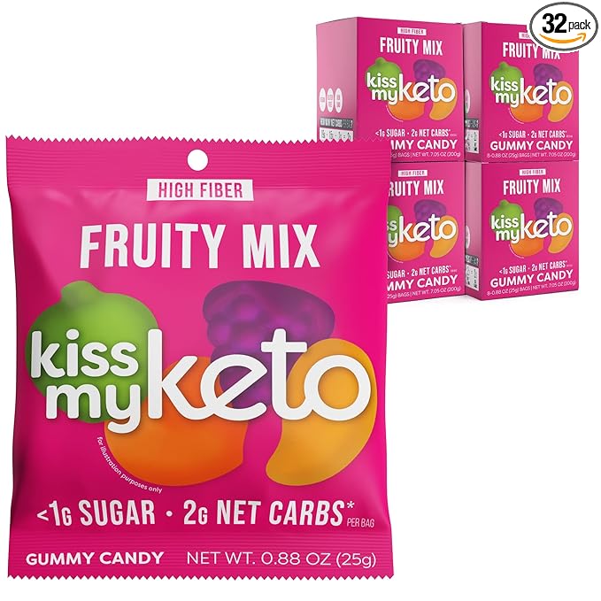 Kiss My Keto Sugar Free Gummies, Fruity Mix 32-Pack – Satisfy Cravings while Staying in Ketosis – High Fiber, 7g Net Carbs, Non-GMO, Vegan, & Gluten-Free – Low-Calorie Vegan Candy