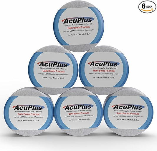 AcuPlus - Bath Bombs for Sore Muscles & Joints - Relaxing Bath Bombs for Women & Men with Arnica, Magnesium, Glucosamine, & Epsom Salt - 4.5 oz. Each, Pack of 6