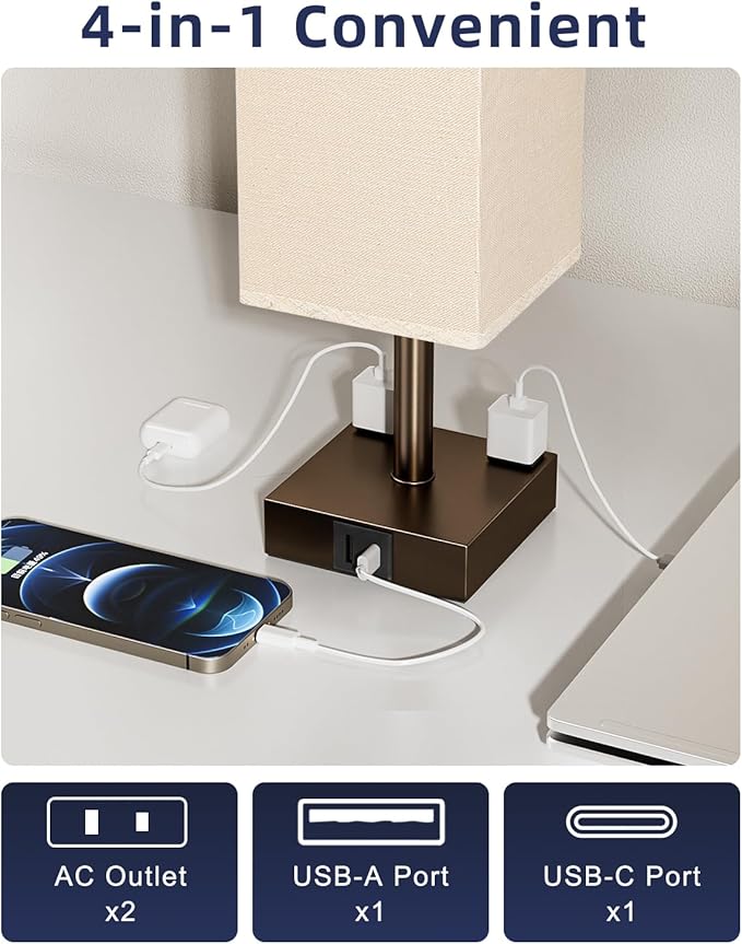 Brown Touch Table Lamp - Bedside Lamp with USB A + Type C Charging Ports and Two AC Outlets, Small Night Stand with E26 LED Bulb, Desk Light for Bedroom Living Room Office Dorm