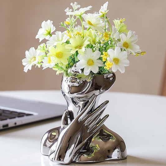 BrownLove Silver Ceramic Face Vase, Modern Silver Decorative Art Vase, Bookshelf Placed On The Desktop, Small Living Room, Office and Bedroom