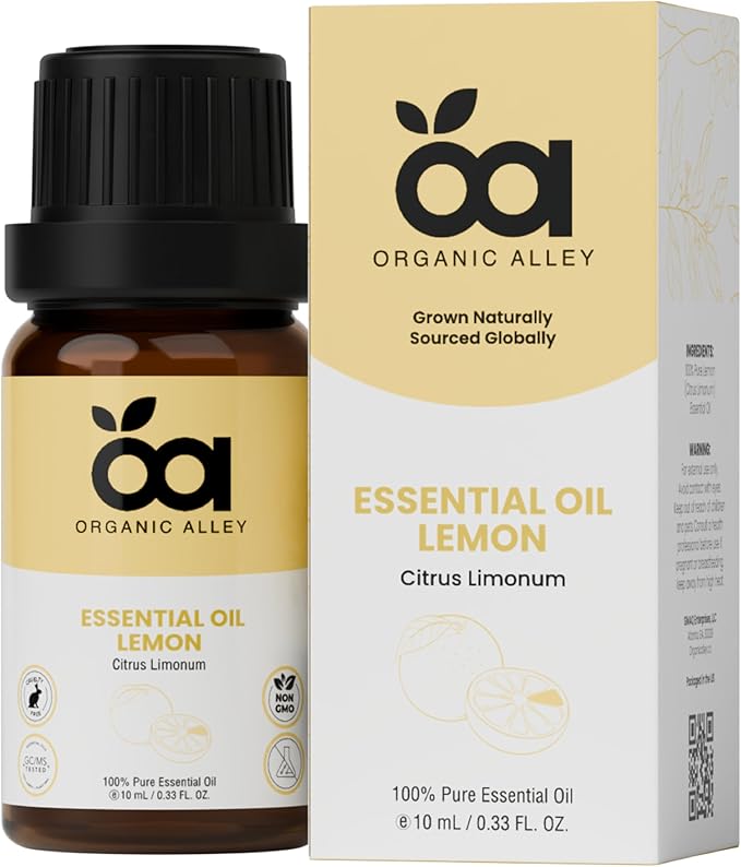 Lemon Essential Oil by Organic Alley (0.33 Fl Oz) | 100% Pure, Undiluted, Natural Citrus Limonum Oil | Lemon Oil for Skin, Cleaning, Therapeutic Grade | Fresh, Zesty Scent