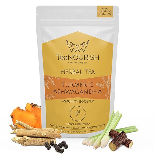TeaNOURISH Turmeric Ashwagandha Herbal Tea | CAFFEINE-FREE | Indian Superfoods Blended with Black Pepper & Licorice | Supports Immunity | 100% NATURAL INGREDIENTS - 3.53oz/100g