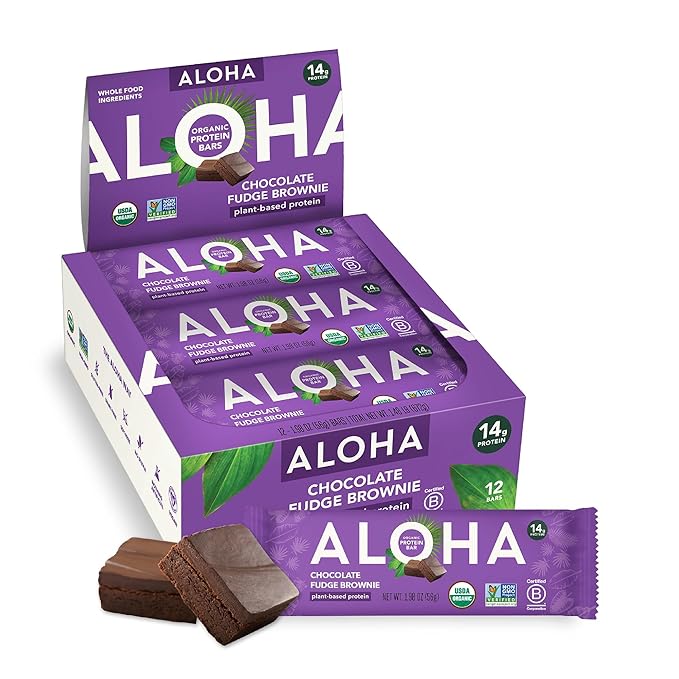 ALOHA Organic Plant-Based Protein Bars | Chocolate Fudge Brownie | Vegan, Gluten-Free, Paleo, Low-Carb, Non-GMO, Soy-Free, 12 Count