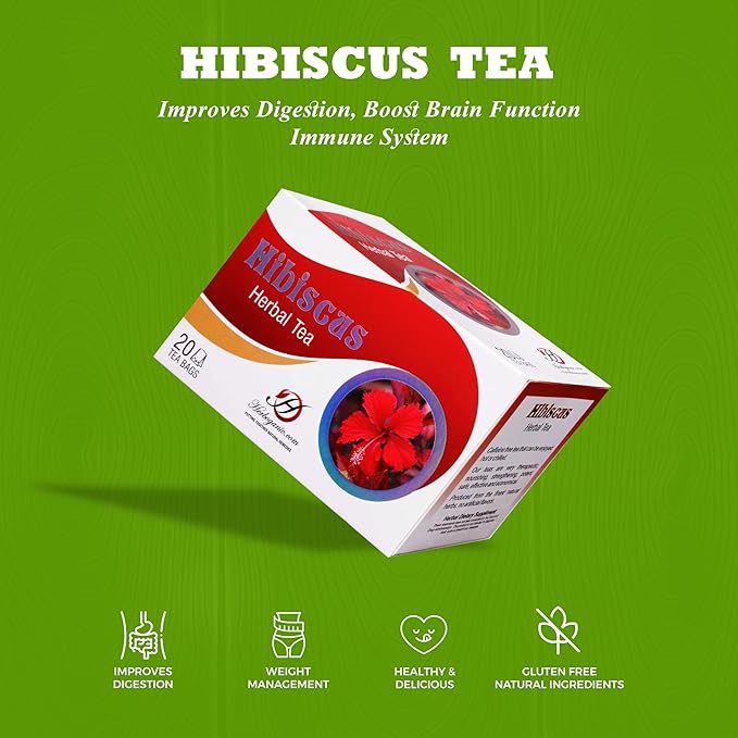 HERBOGANIC Hibiscus Herbal Tea - Digestion and Immune Support | Refreshing and Delicious Blend | Natural Ingredients | 20 Tea Bags