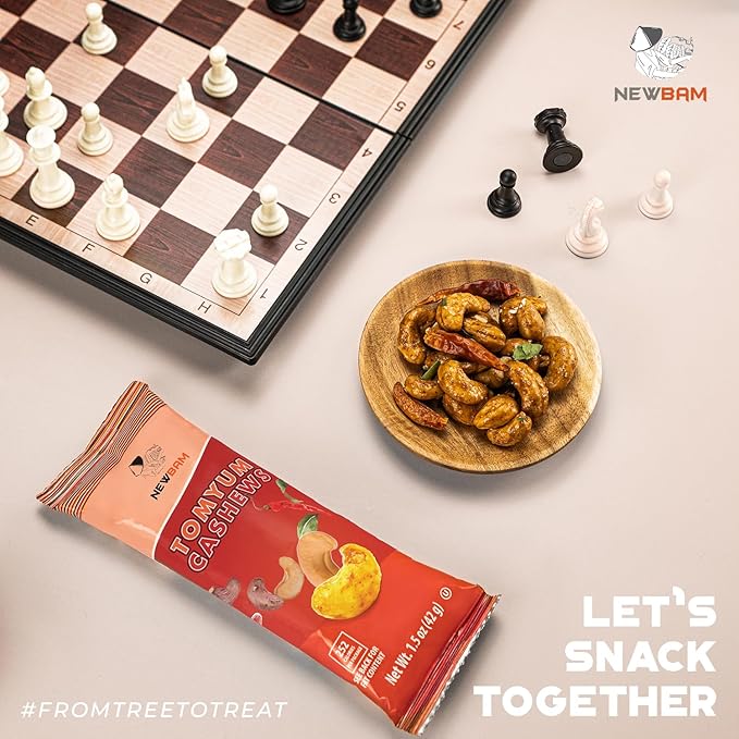 NEWBAM Spicy Tom Yum Cashews Individual Packs - 12 Cashew Snack Packs Roasted Nuts (1.5oz Each) – Authentic Thai Flavor, Keto, Vegan, Gluten-Free - Healthy Snacks for Trail Mix, Office, or Party - Low Sugar