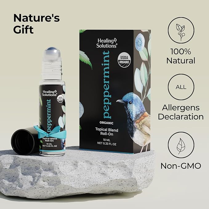 Healing Solutions (2 Pack) USDA Certified Organic Peppermint Essential Oil Roll-On Set for Body & Skin Care - Peppermint Essential Oil Roller