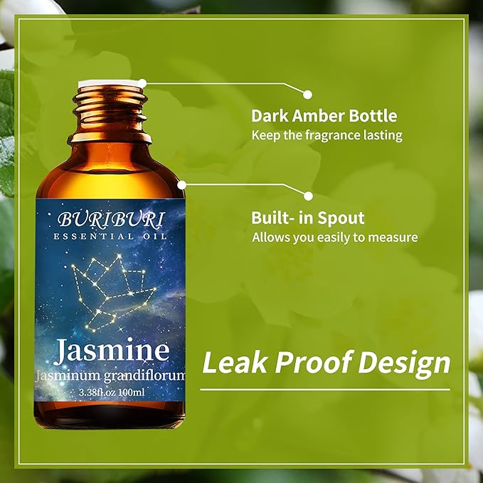 BURIBURI Jasmine Essential Oil 100% Pure Undiluted Aromatherapy Jasmine Oil 100ML/3.38fl.oz for Soap, Candle Making, Massage, Diffuser, Humidifier