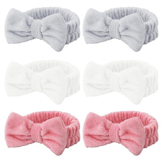 Casoty 6 Pcs Skincare Spa Headband Make Up Headbands, Bow Hair Band, Soft Coral Fleece Facial Headbands for Washing Face, Towel Head Band for Face Washing Shower Skin Care Yoga