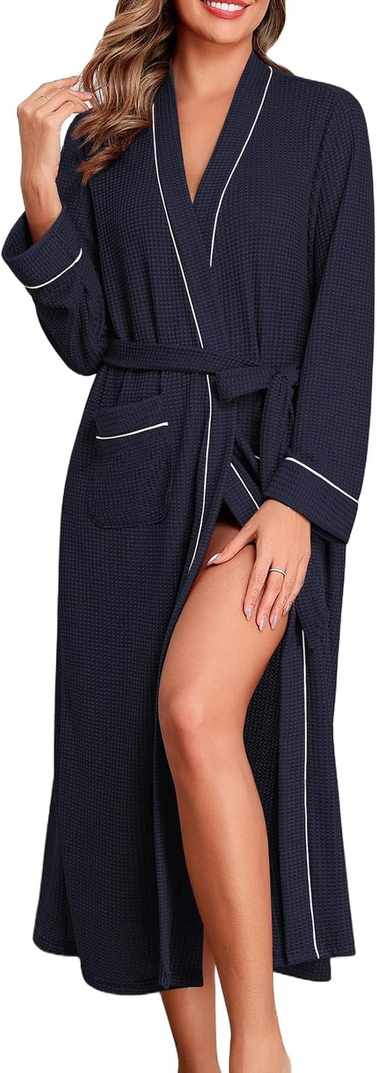 Ekouaer Robes for Women Lightweight Knit Waffle Bathrobe Full Length Kimono Casual Ladies Loungewear