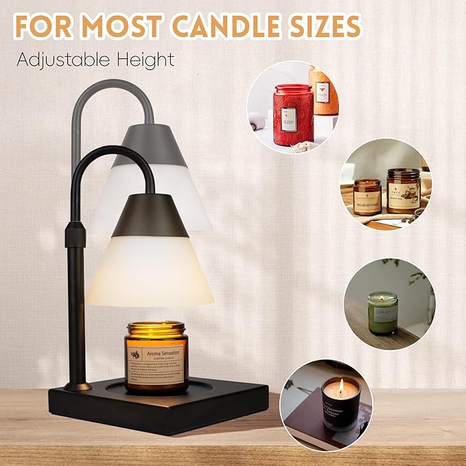 Candle Warmer Lamp, Dimmable Metal Candle Lamp Warmer Height Adjustable, Compatible with Candle and 3 Wick Large Jars Scented Wax for Home Decor (Glass-Black)