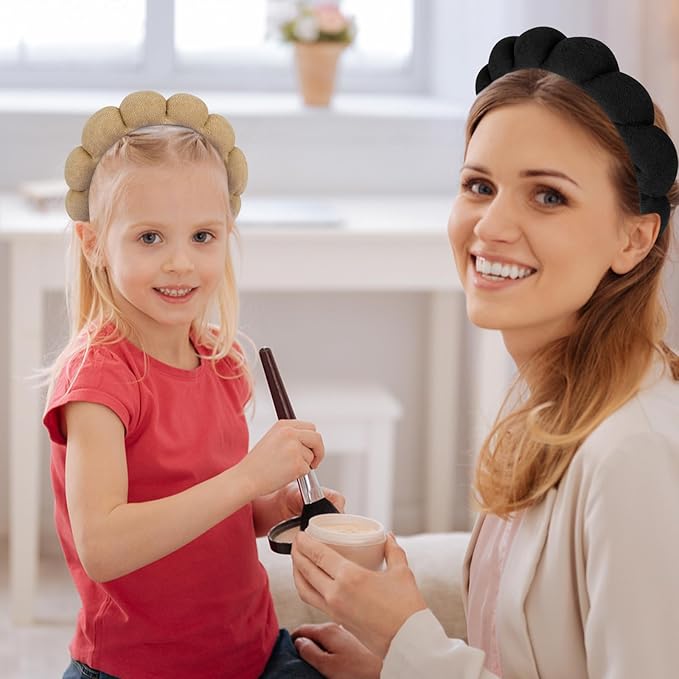 AMCAMI Puffy Spa Headband for Women Sponge Headbands for Girls 2 PCS Terry Towel Cloth Fabric Head Band for Skincare,Makeup Removal,Face Washing,Facial Mask,Shower,Hair Accessories（Black&Light Coffee）