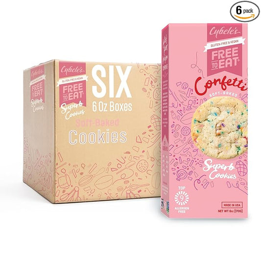 Cybele’s Free To Eat Gluten-Free & Vegan Cookies - Plant-Based, Dairy, Soy, & Nut Free - Soft-Baked School Safe Snack For Kids & Adults - 12 Cookies Per 6 oz Box (Confetti, Pack of 6)