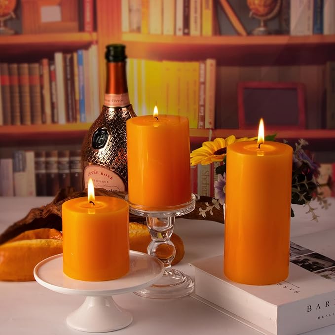 KONNI Orange Pillar Candles Set of 3, 3"x 6" Unscented Pillar Candles Bulk, 56 Hours Long Burning Candles, Smokeless&Dripless Large Round Candle for Wedding, Home Decoration, Parties, Spas, Dinner