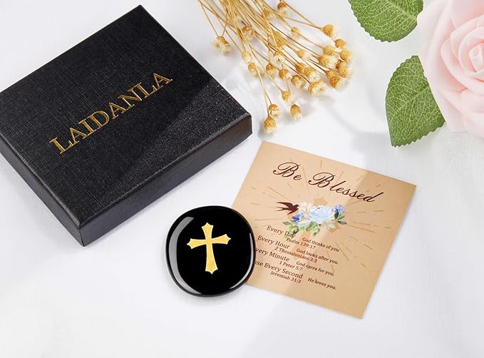 LAIDANLA Black Obsidian Cross Engraved Healing Crystal Worry Stones for Pray Faith Anxiety Relief Oval Palm Stone Polished Natural Crystal Gifts