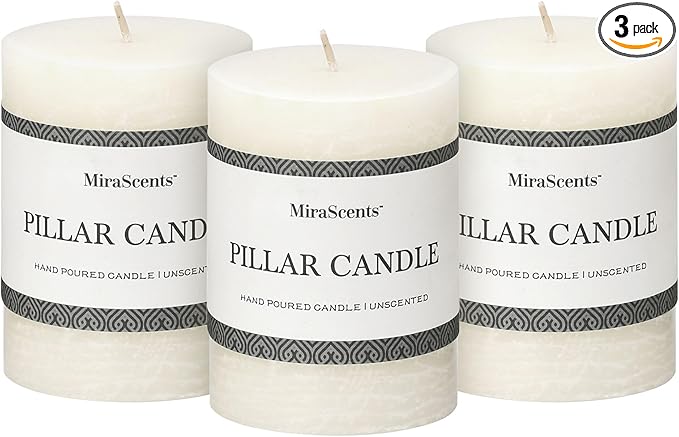 3x4 Inch White Pillar Candles - Set of 3, Hand-Poured Unscented, Long Burning, Smokeless Dripless for Dinner Table, Wedding, Home, Bathroom, Rustic Decor