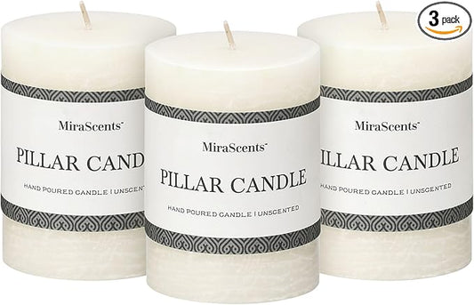 3x4 Inch White Pillar Candles - Set of 3, Hand-Poured Unscented, Long Burning, Smokeless Dripless for Dinner Table, Wedding, Home, Bathroom, Rustic Decor
