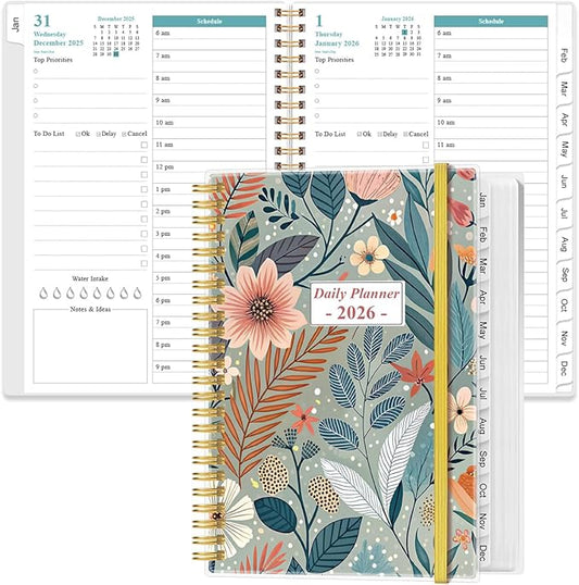 2026 Daily & Monthly Planner - One Page Per Day, Daily Planner 2026 from January 2026 to December 2026, Planner 2026 with 12 Monthly Tabs, 6.4" x 8.5", Flower-A