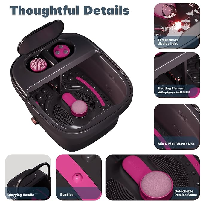 Collapsible Foot Bath, Foot Spa Bath Massager with Heat, Bubble, Remote Control, Temperature Control, 3 Pedicure Attachments, Feet Soaking Tub for Stress Relief