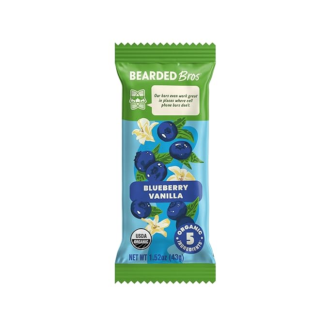 Bearded Brothers, Organic Vegan Protein Energy Bars, Blueberry Vanilla (12 Pack) - Gluten Free, Paleo, Fiber, Whole 30 | Non GMO Low Glycemic Snacks (Packaging May Vary)