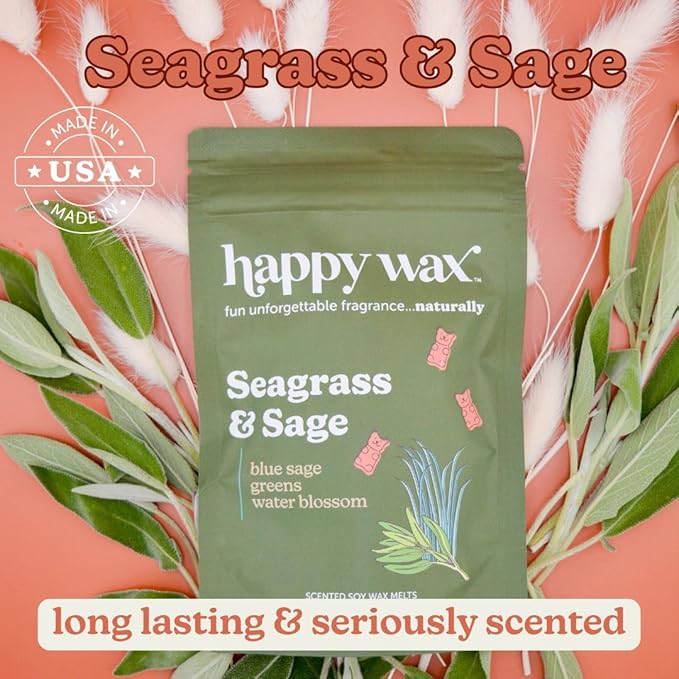 Happy Wax Seagrass & Sage Scented Bear Wax Melts - Natural Strong Scented Summer Wax Melts Infused w/Essential Oils - Non Toxic Wax Melt & Pet Safe Wax Melts - (4 oz Tin)