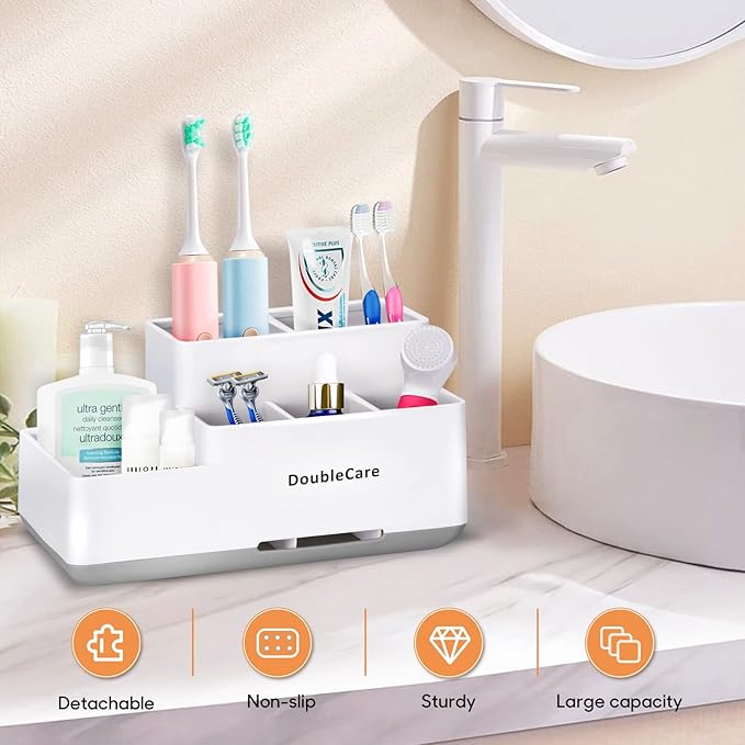 Toothbrush Holder with Anti-Slip, Bathroom Organizer Countertop Detachable for Easy Cleaning, Multifunctional Storage, Bathroom Caddy for Toothpaste, Shaver,Great for Home, Vanity Organizer, Office