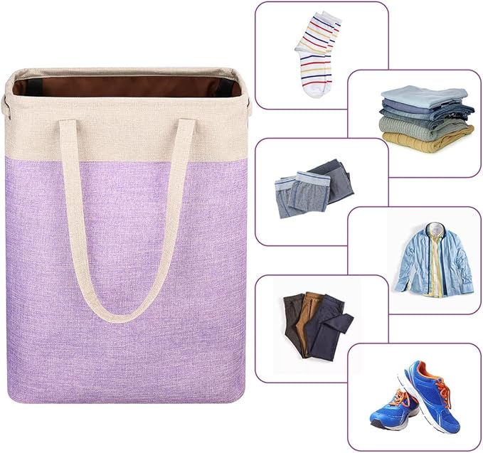 i BKGOO Laundry Basket with Handles Beige&Purple Slim Laundry Bin Collapsible Dirty Clothes Basket Narrow Laundry Bag Foldable Dirty Hamper for Camping, Dorms, Apartments