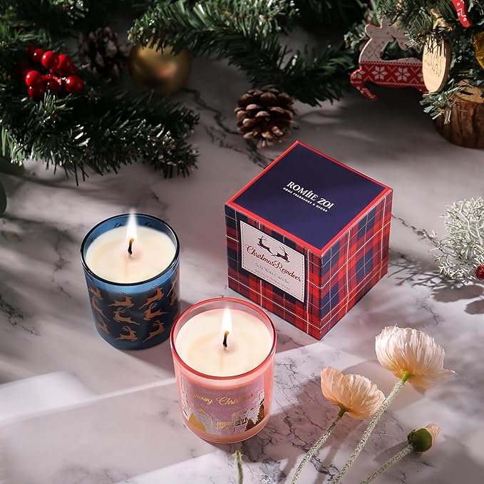 ROMIIE ZOI Christmas Scented Candle - 6oz Soy Wax Candle, Christmas Reindeer, Infused with Peppermint Aroma - Scottish Plaid Navy and Red Gift Box for Holiday Season Gift
