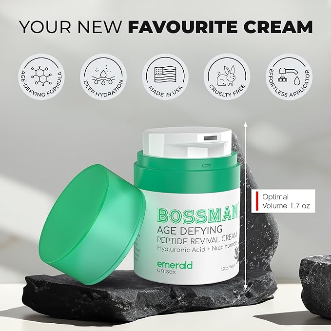 Bossman Peptide Revival Cream 1.7 oz - Emerald (Green Tea) Scent - Anti-Aging Face Moisturizer for Men & Women - Niacinamide & Hyaluronic Acid - Peptide Moisturizer for All Skin Types - Made in USA