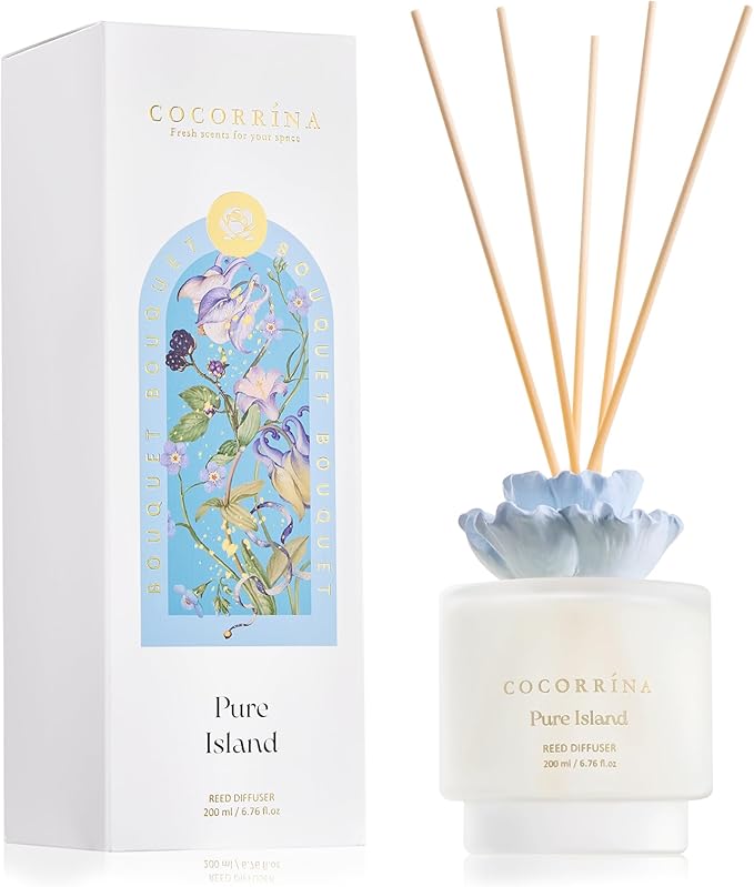 COCORRÍNA Gypsum Flower Reed Diffuser Set for Bathroom Décor – Pure Island Scent, 6.76 oz with Sticks & Oil – Home Fragrance for Bathroom & Living Space
