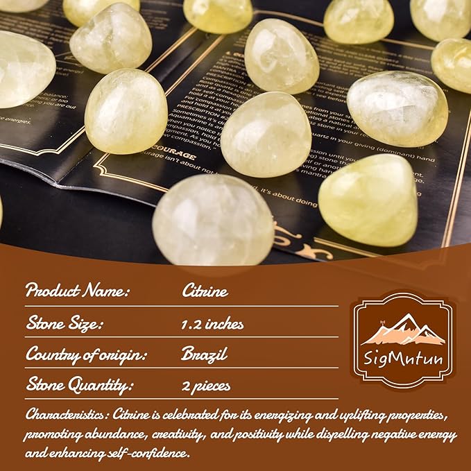 Polished Citrine Crystal Stones - 2 Pcs of 1.2" Worry Stone for Anxiety, Pocket Palm Stone Super Large Handpicked Natural Tumbled Gemstones for Meditation, Reiki, Chakra Healing, Home Decor