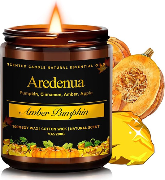 Amber Pumpkin Candle | Fall Pumpkin Candles - Scented Candle for Autumn, 7oz Soy Candles for Home Scented, 50 Hours Burn Time, Harvest Holiday/Halloween/Thanksgiving Fall Gifts for Women Men