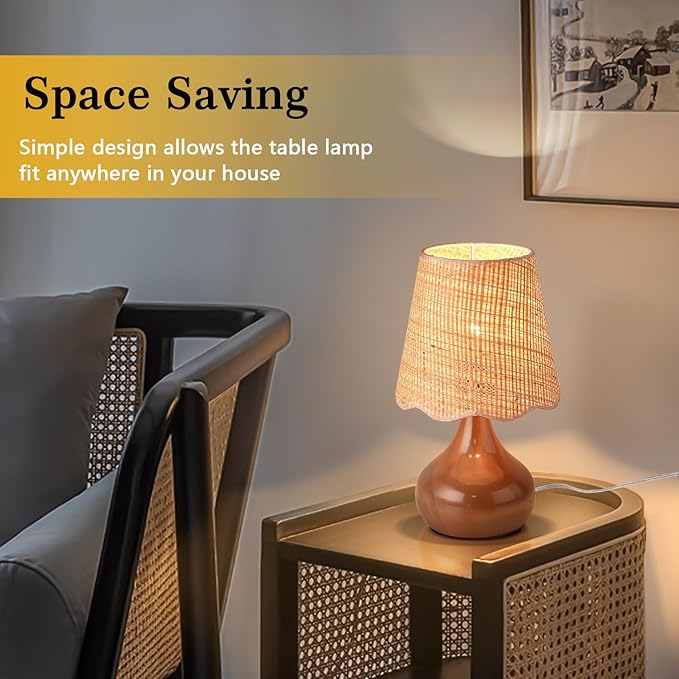 Brown Small Bedside Table Lamp for Bedroom, Farmhouse Bedroom Lamps for Nightstand, Rattan Lamp Shade Table Lamps for Small Spaces for Kitchen Counter, Home Office, Living Room, Kids Dorm